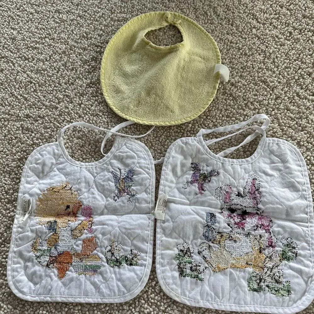 Set of 3 Vintage Bibs Baby Toddler Cross Stitch Snap on VTG 90s 60s